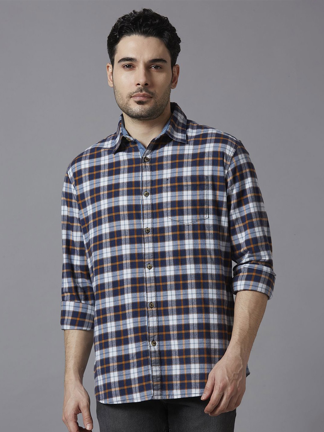 

SNX Men Tailored Fit Tartan Checks Opaque Checked Casual Shirt, Navy blue