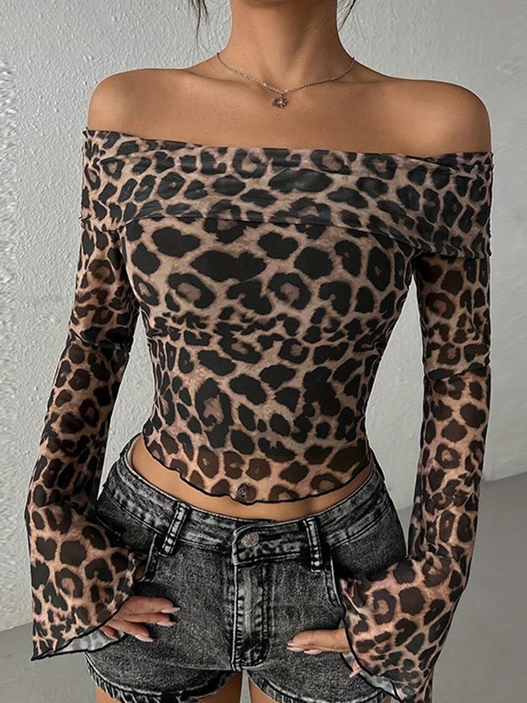 

LULU & SKY Animal Print Off-Shoulder Bardot Crop Top, Khaki