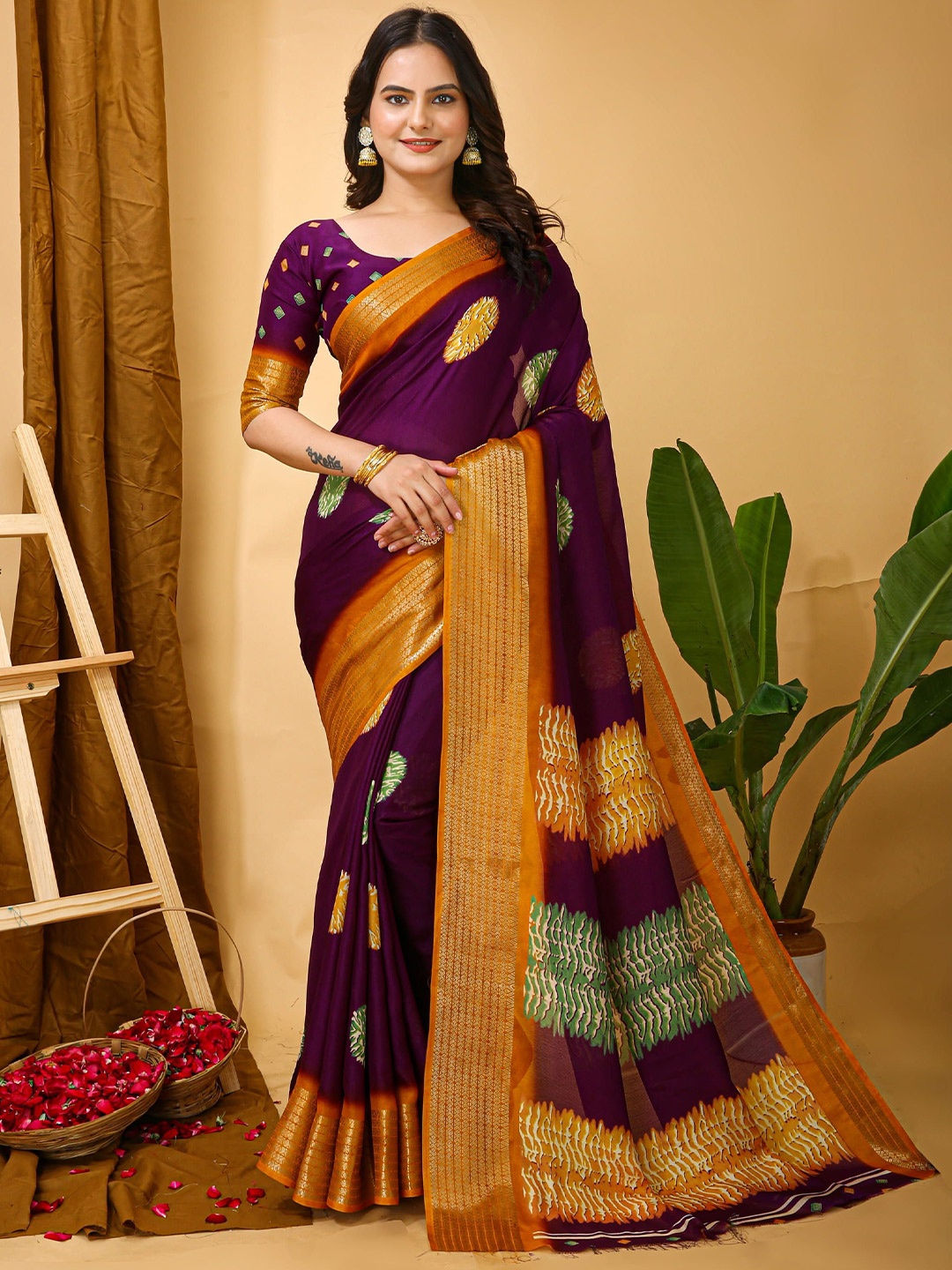 

HERE&NOW Floral Zari Silk Cotton Banarasi Saree, Purple