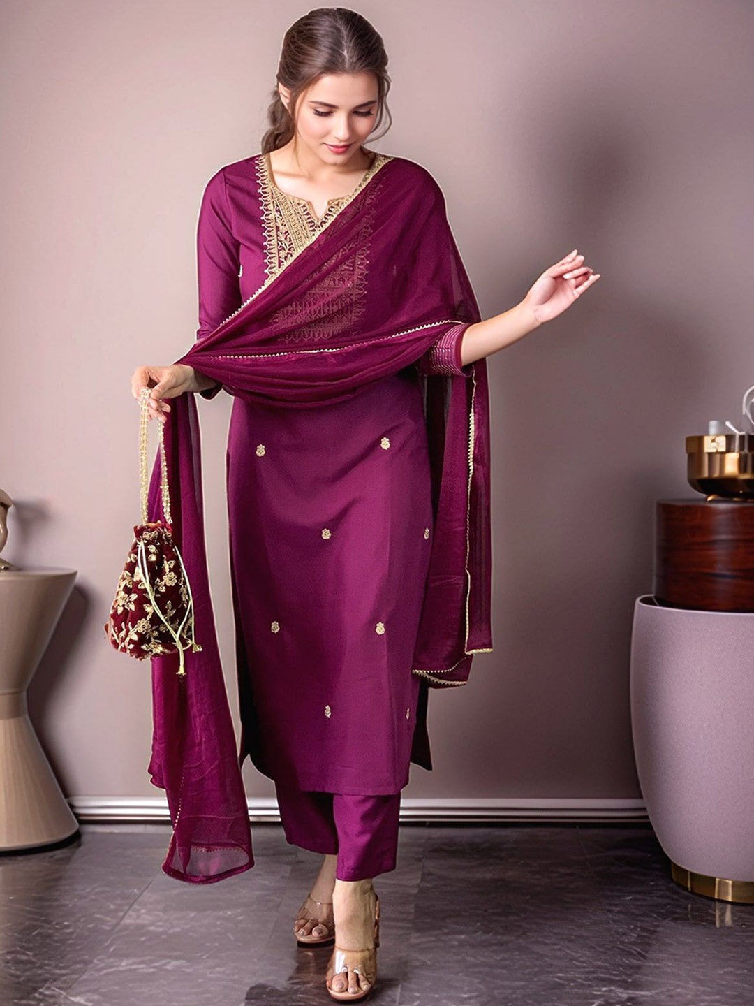 

KALINI Women Ethnic Motifs Embroidered Regular Kurta with Trousers & With Dupatta, Maroon