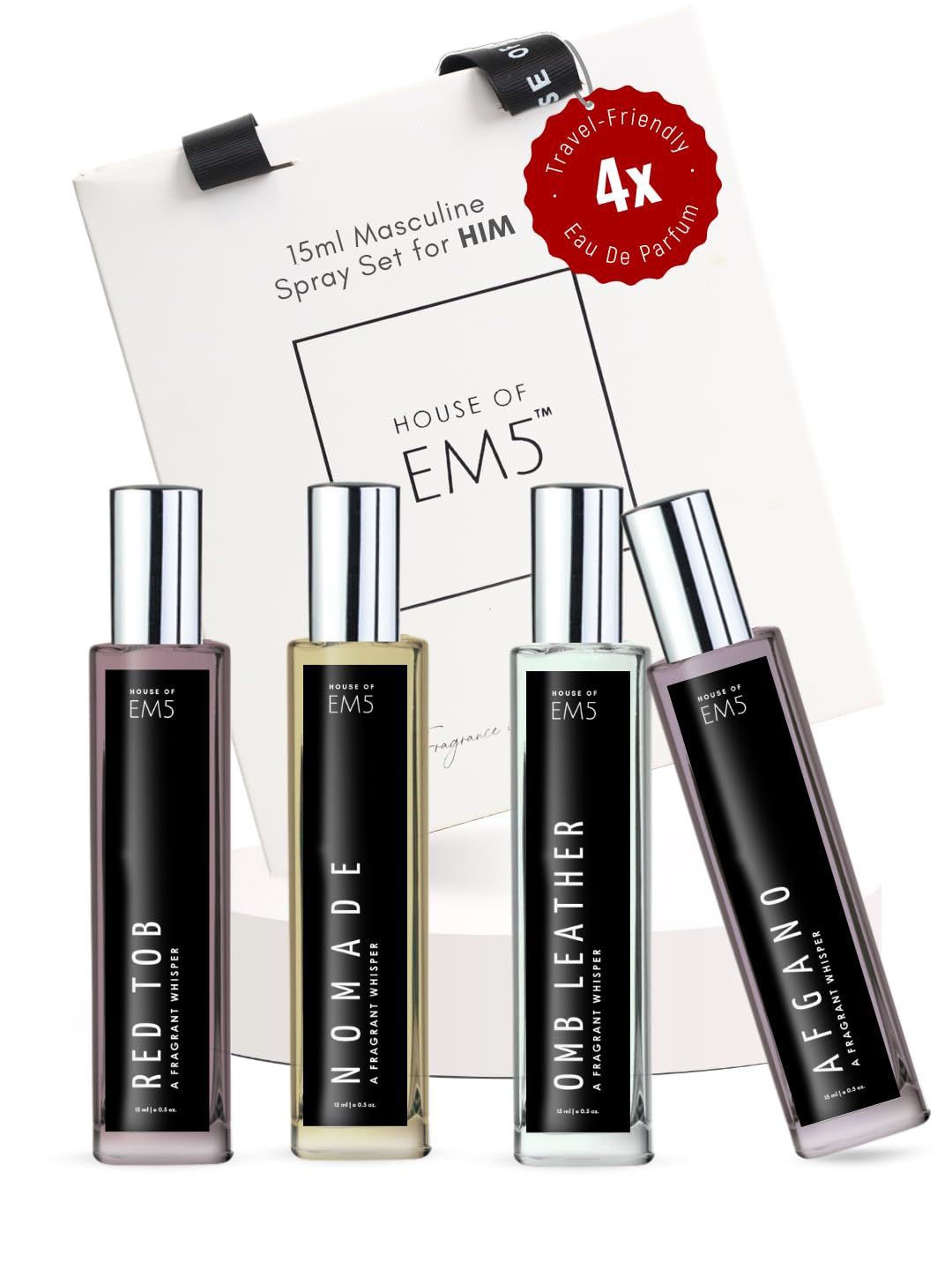 

EM5 Set Of 4 Red Tob- Nomade- Omb Leather- Afgano Long Lasting Eau De Parfum- 15 ml, Black