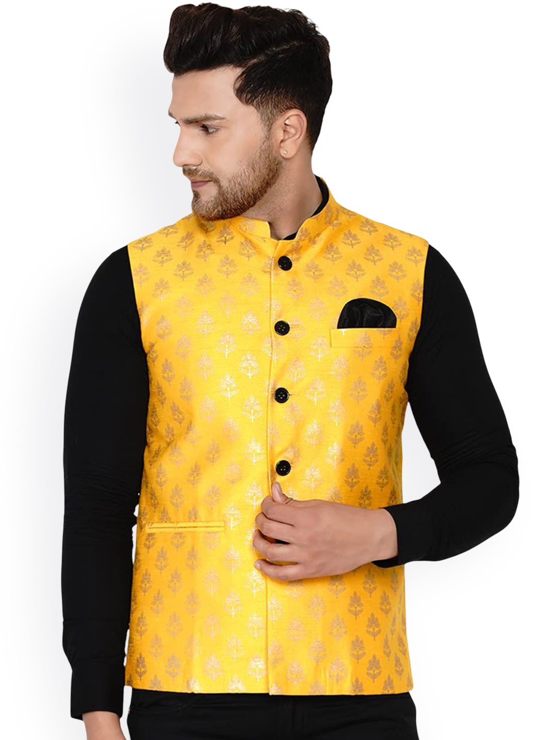 

VEERA PARIDHAAN Banarasi Printed Mandarin Collar Nehru Jacket, Yellow