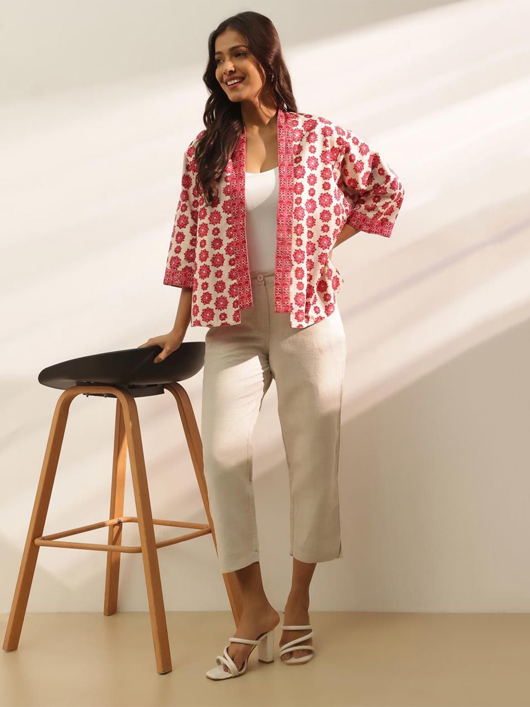 

Fabindia Women Printed Party Shrug, White