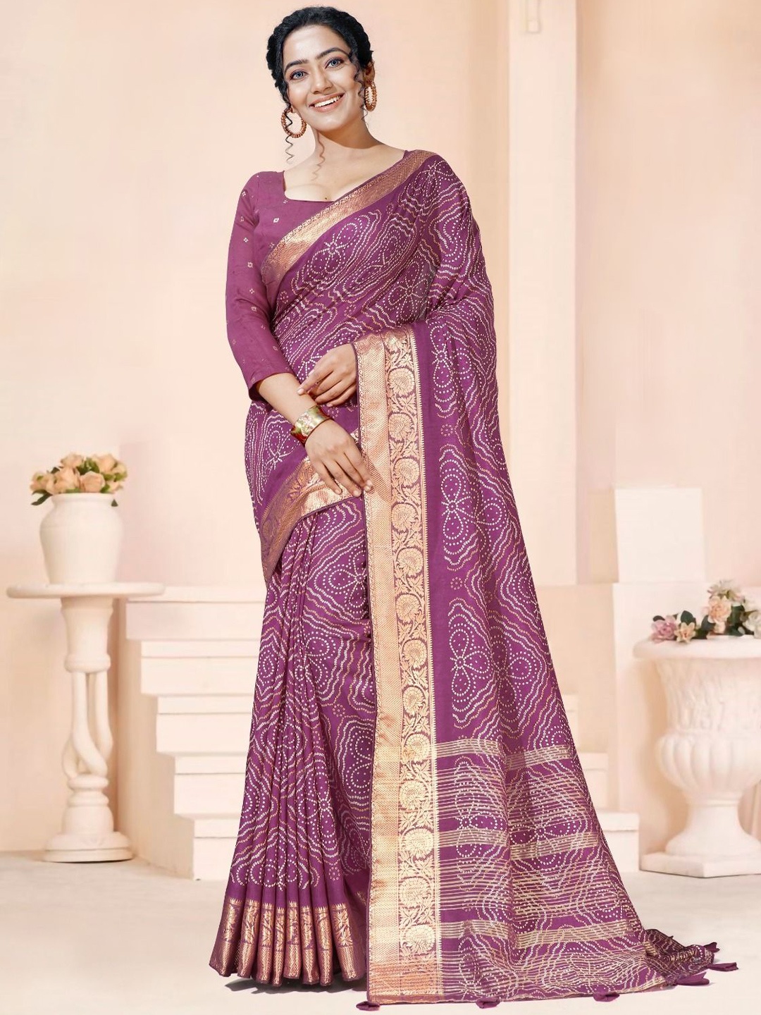 

Swaranjali Bandhani Zari Silk Cotton Bandhani Saree, Burgundy