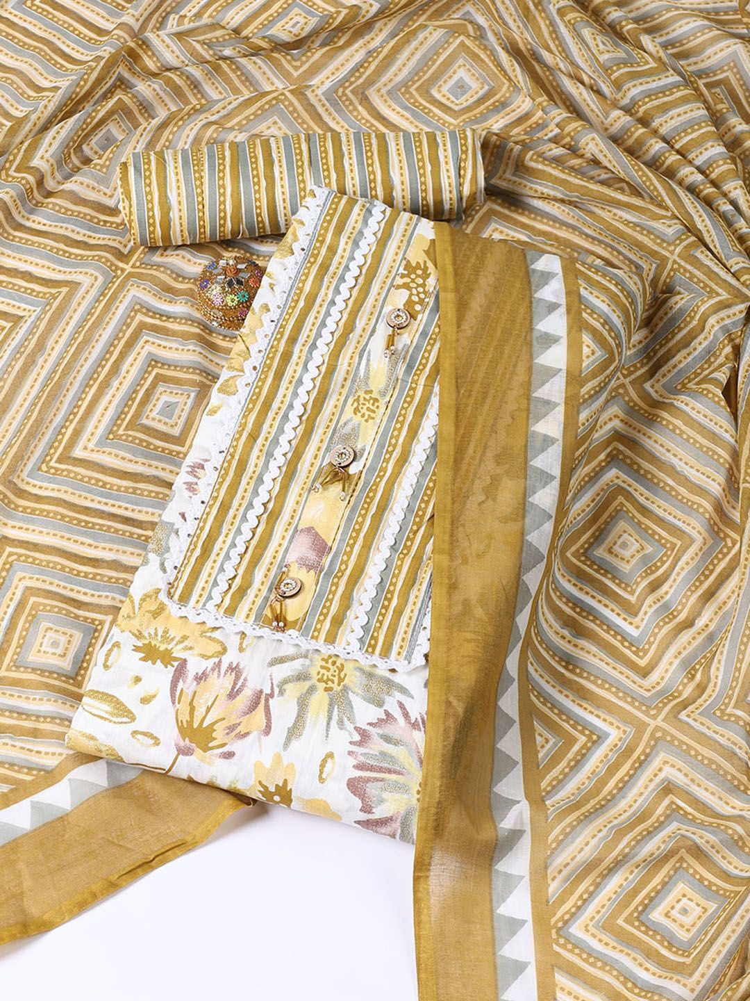

Meena Bazaar Printed Unstitched Dress Material, Mustard