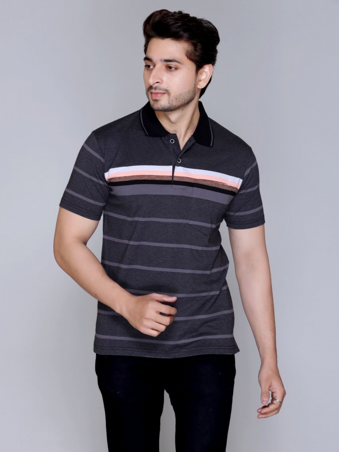 

Yoorix Men Striped Mandarin Collar T-shirt, Black