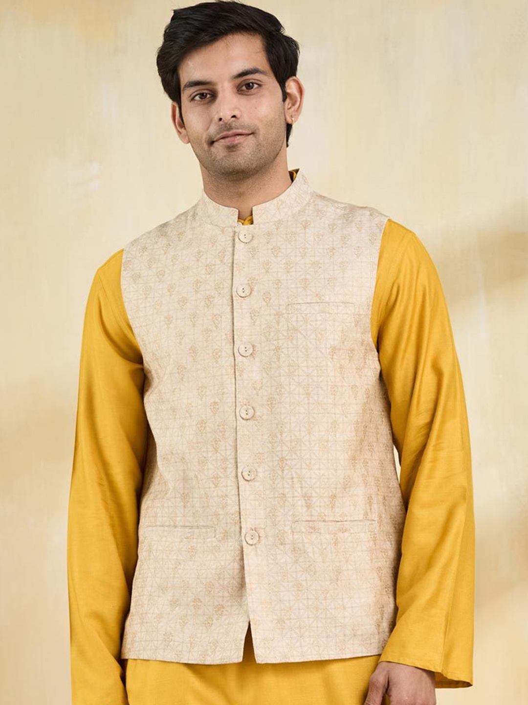 

Fabindia Hand Block Printed Nehru Jacket, Beige