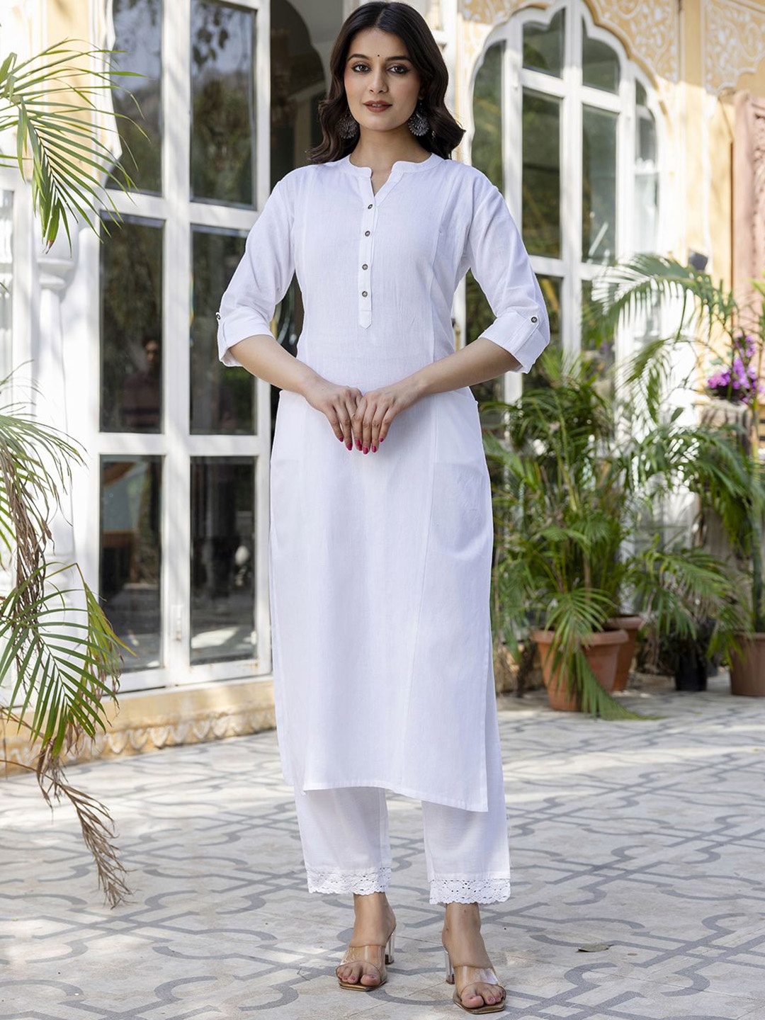 

Pistaa Women Regular Pure Cotton Kurta with Palazzos, White