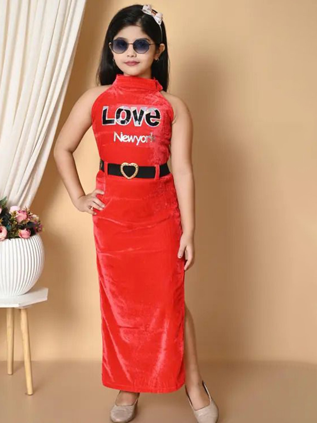 

SK DRESSES Print Choker Neck Velvet Bodycon Maxi Dress, Red