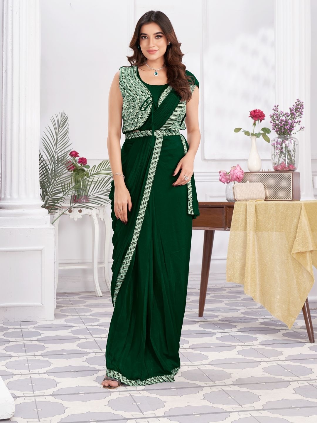 

Suha Embellished Embroidered Poly Georgette Ready to Wear Saree, Green