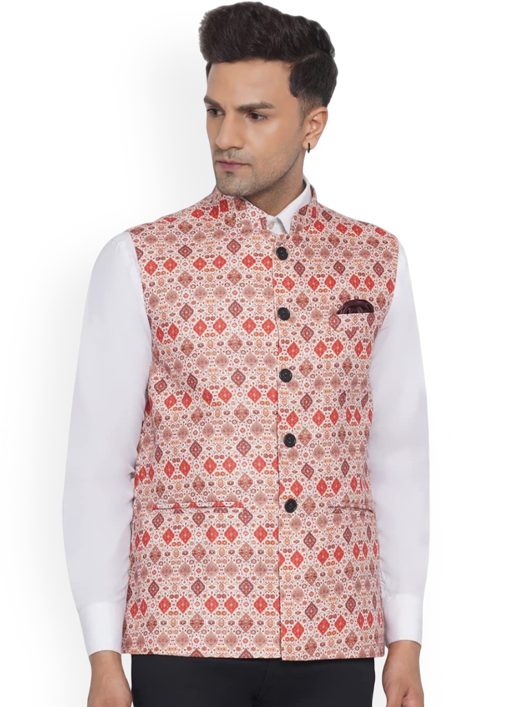 

VEERA PARIDHAAN Printed Woven Design Mandarin Collar Nehru Jacket, Beige
