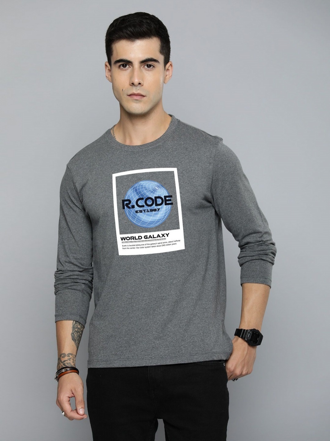 

R.Code by The Roadster Life Co. Men Printed T-shirt, Grey