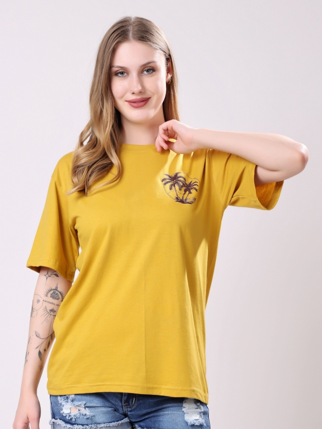 

London Hills Women Printed Drop-Shoulder Sleeves T-shirt, Mustard