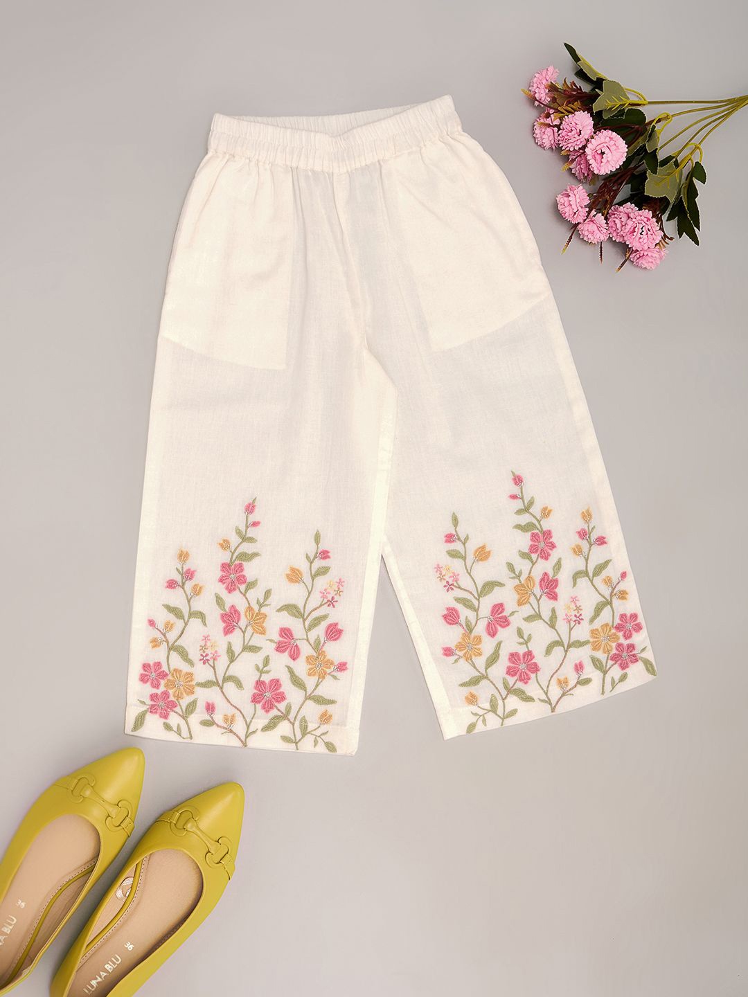 

AKKRITI BY PANTALOONS Girls Floral Ethnic Palazzos, Off white
