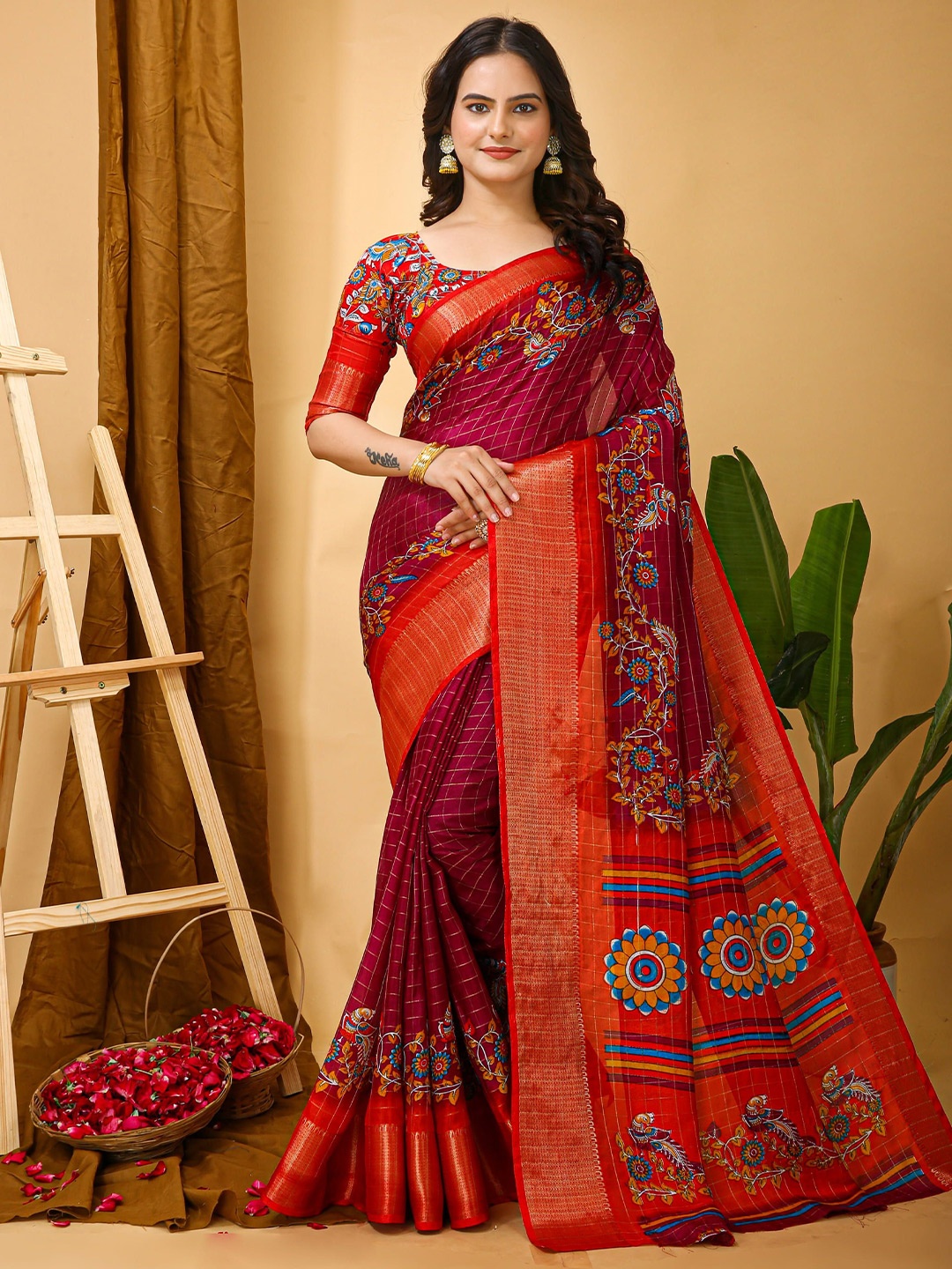 

HERE&NOW Kalamkari Zari Silk Cotton Banarasi Saree, Pink