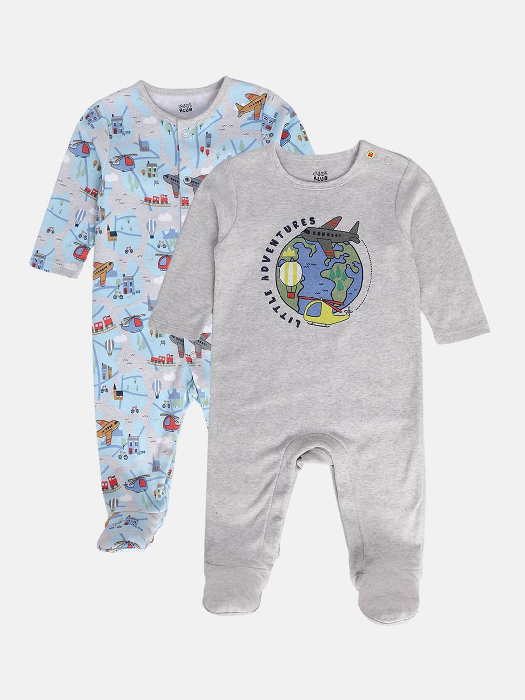 

MINI KLUB Boys Pack of 2 Printed Sleepsuit, Grey melange