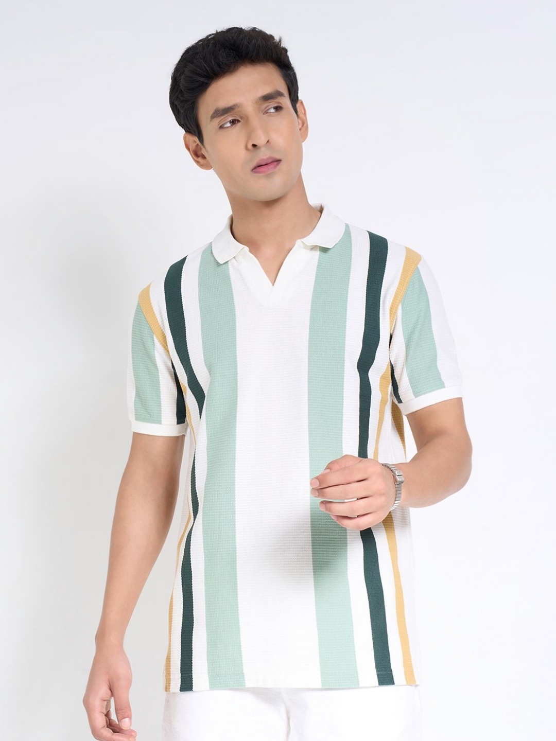 

Peregrine by Pantaloons Men Striped Polo Collar Pockets Slim Fit T-shirt, Off white