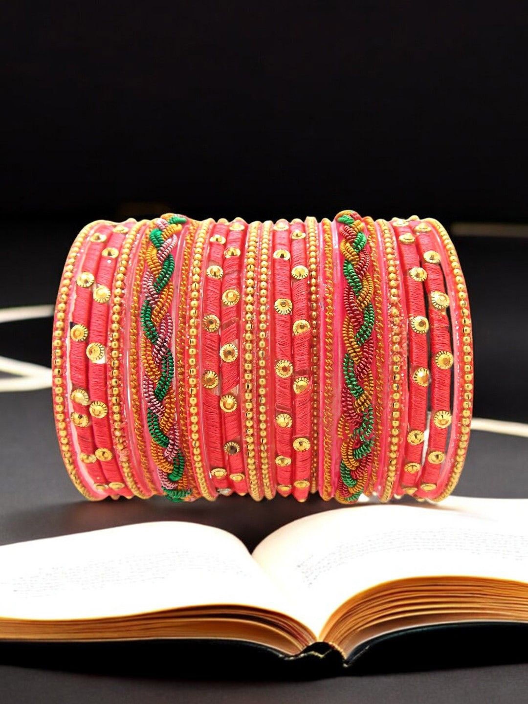 

FEMMIBELLA Set Of 18 Stone Studded Chuda Bangles, Pink