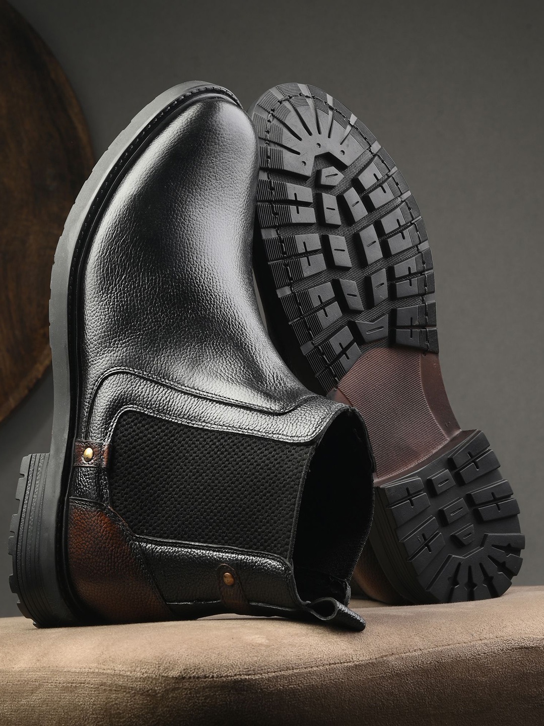 

GALEX Men Leather Round Toe Chelsea Boots Slip-On Sneakers, Black
