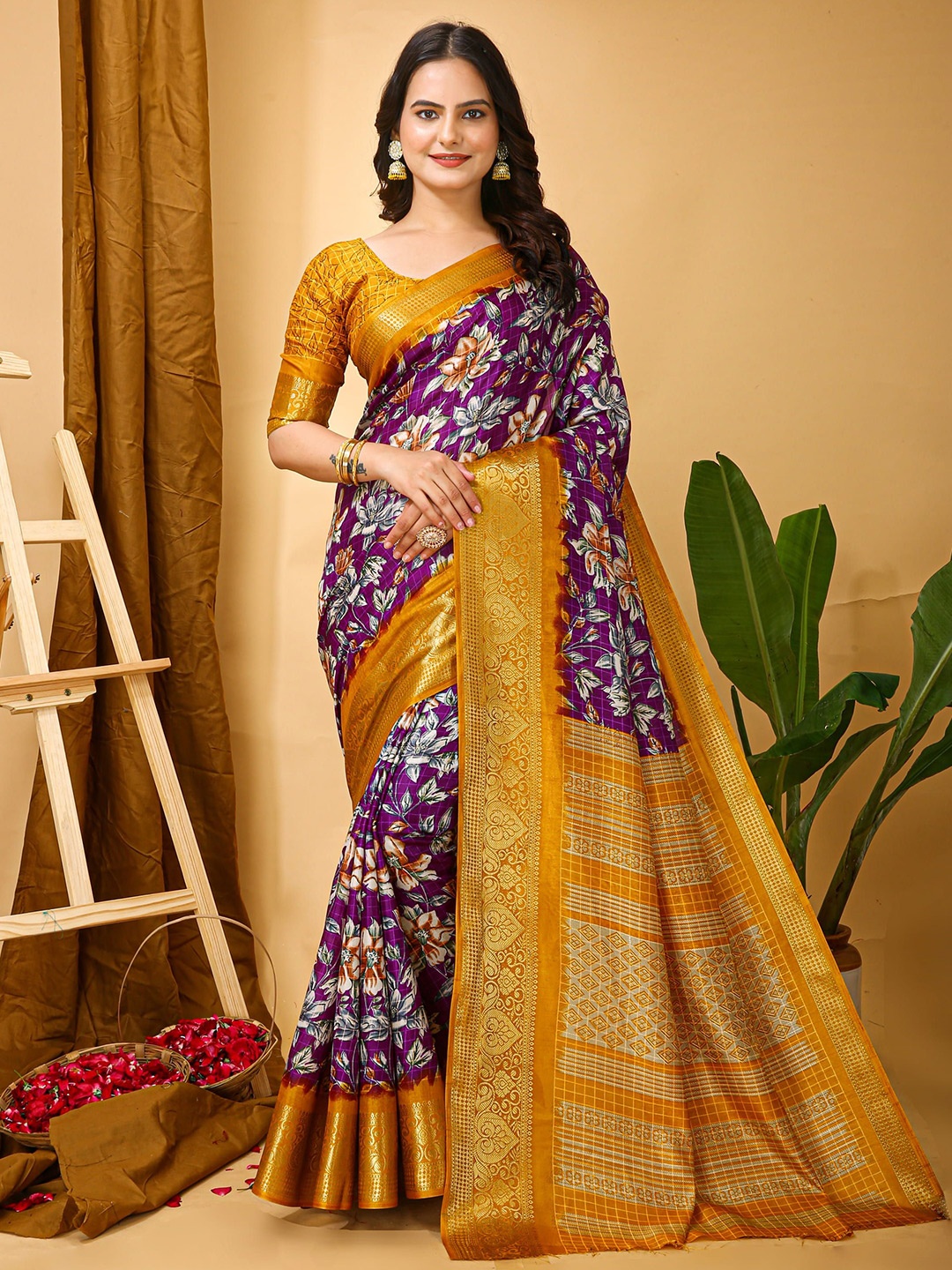 

HERE&NOW Floral Zari Silk Cotton Banarasi Saree, Purple