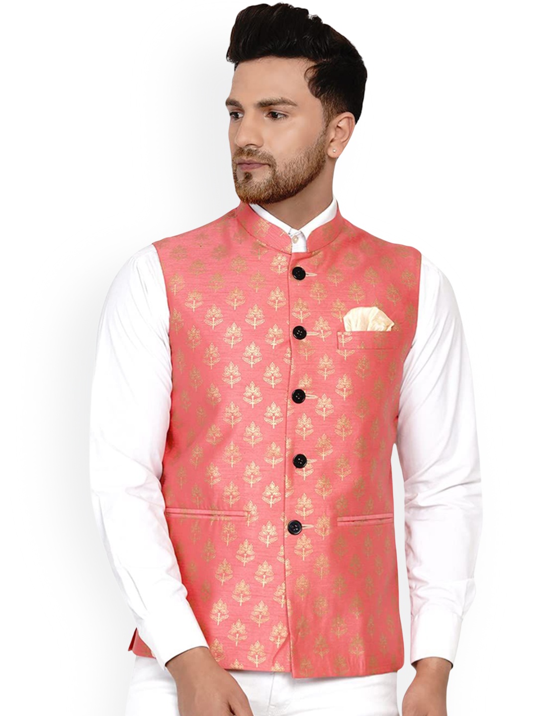 

VEERA PARIDHAAN Banarasi Printed Mandarin Collar Nehru Jacket, Pink