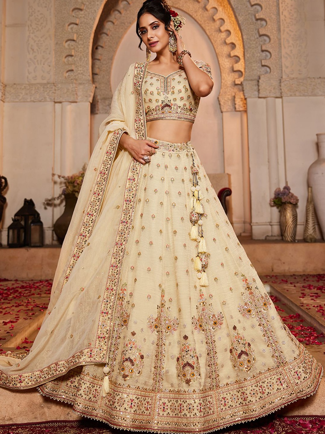 

panchhi Embroidered Beads and Stones Semi-Stitched Lehenga & Unstitched Blouse With Dupatta, Cream