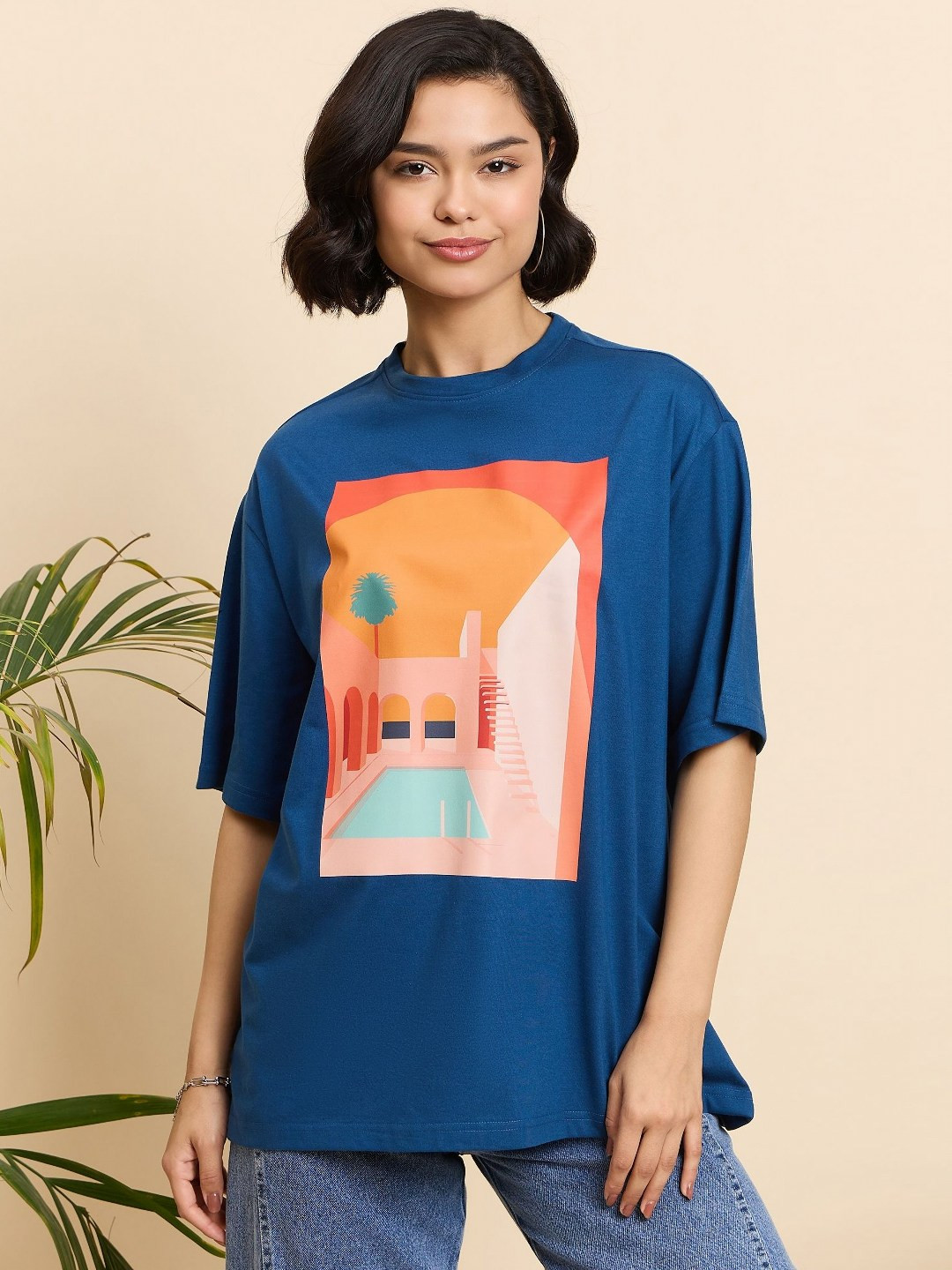 

Mast & Harbour Women Printed Drop-Shoulder Sleeves T-shirt, Blue