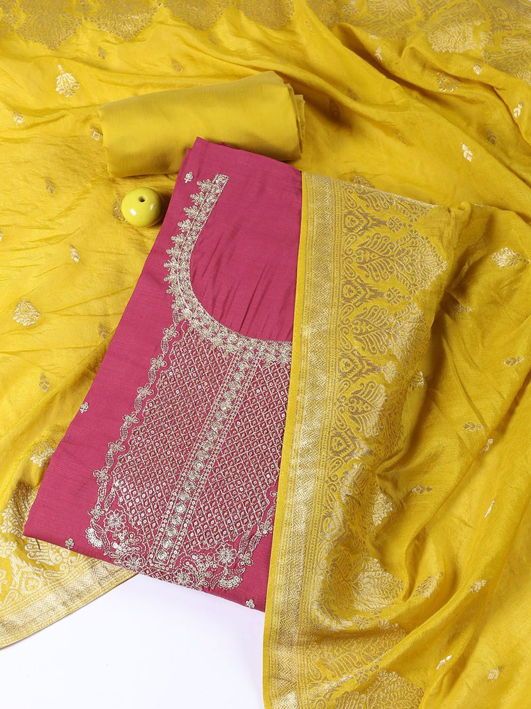 

Meena Bazaar Embroidered Art Silk Unstitched Dress Material, Magenta