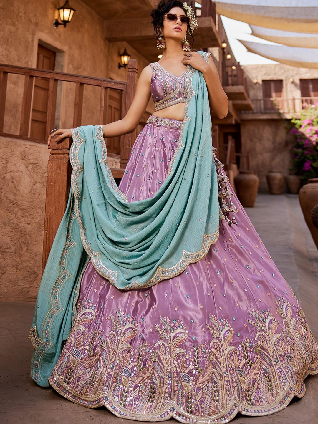 

panchhi Embroidered Sequinned Semi-Stitched Lehenga & Unstitched Blouse With Dupatta, Lavender