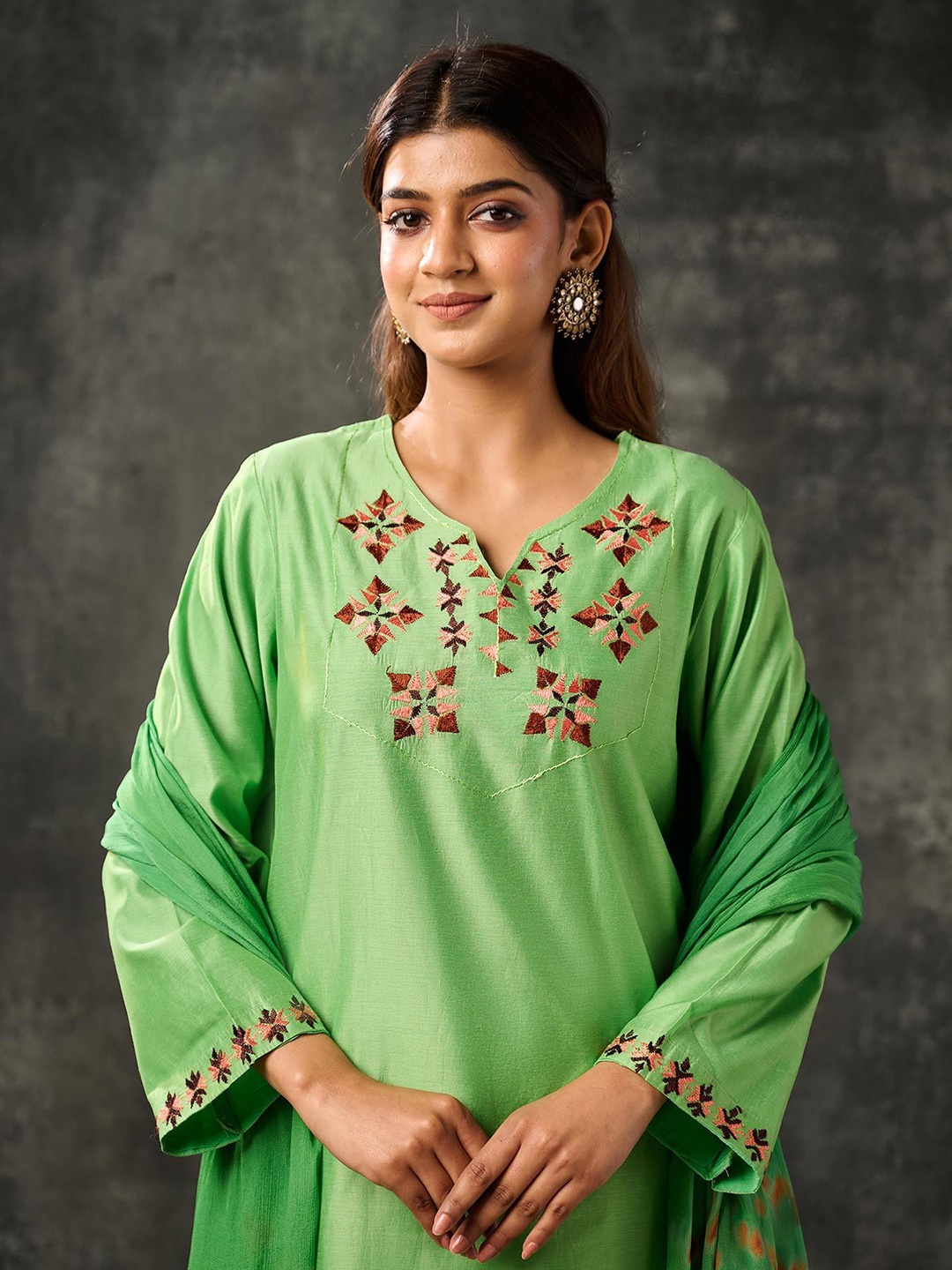 

Phulkari Forever Embroidered Straight Kurtas, Green