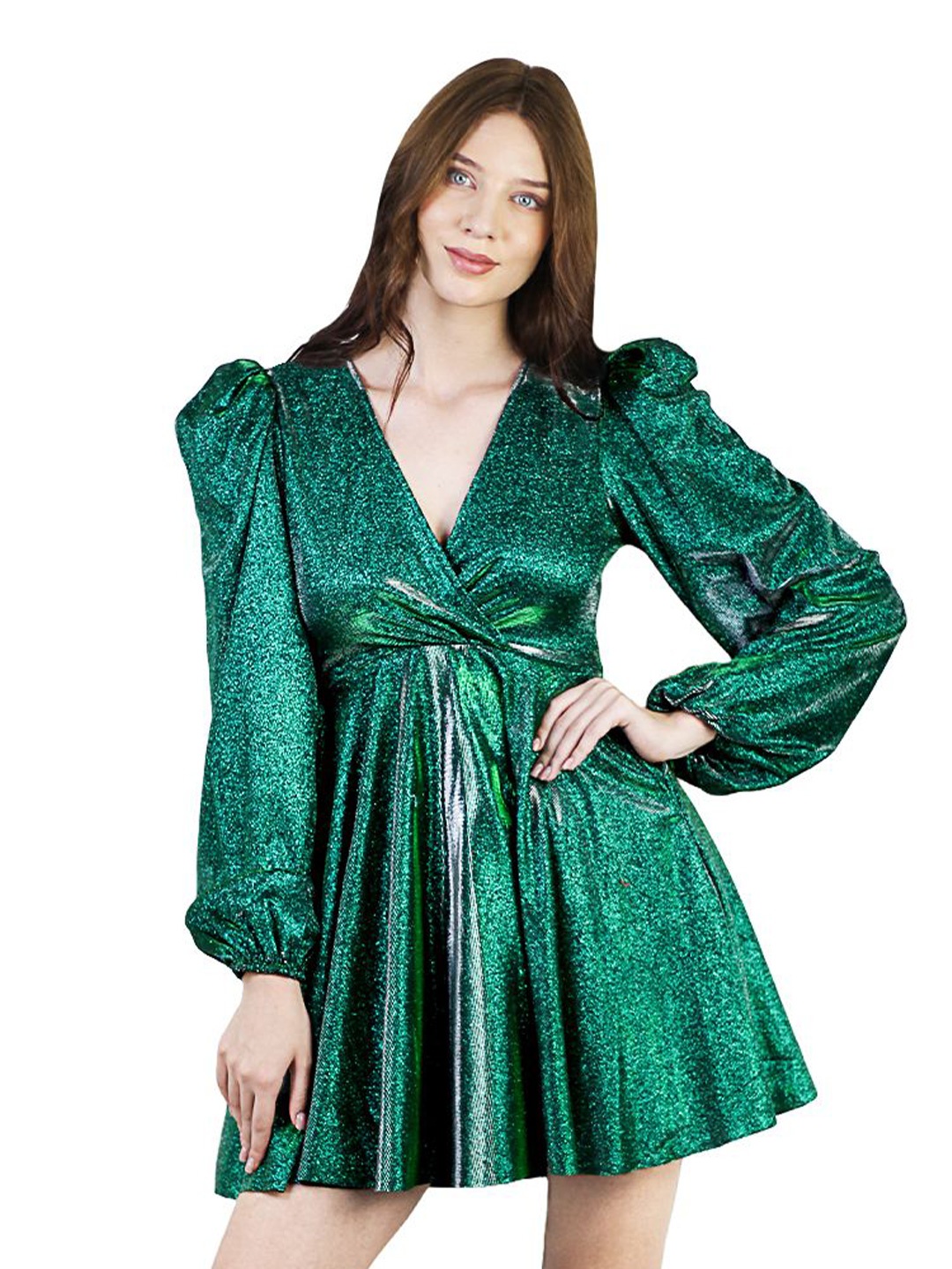 

ARTYSKA Puff Sleeve Fit & Flare Mini Dress, Green