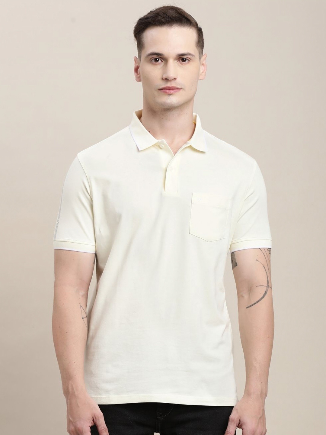 

Turtle Men Polo Collar Pockets Slim Fit T-shirt, Cream