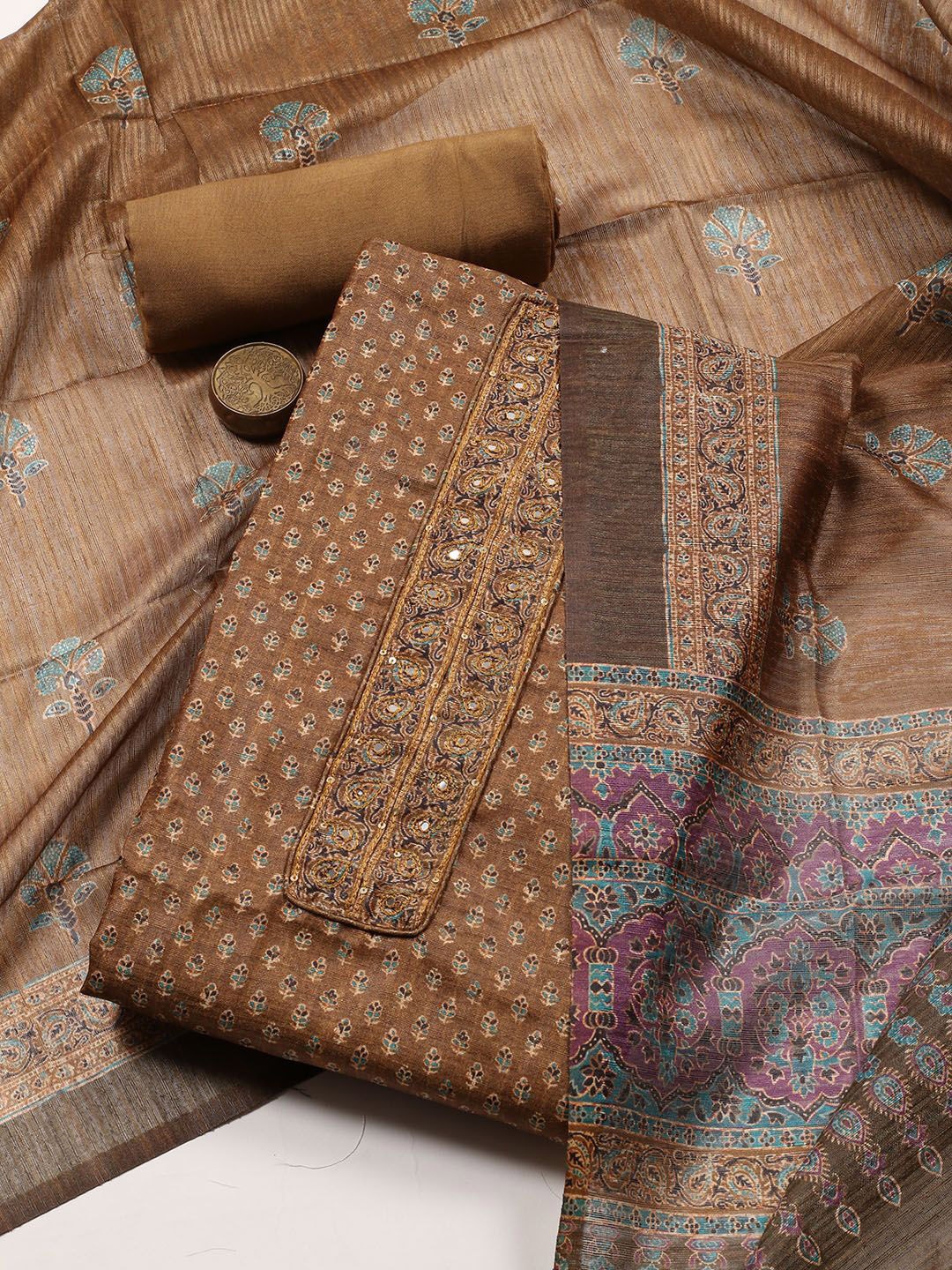

Meena Bazaar Printed Art Silk Unstitched Dress Material, Mustard