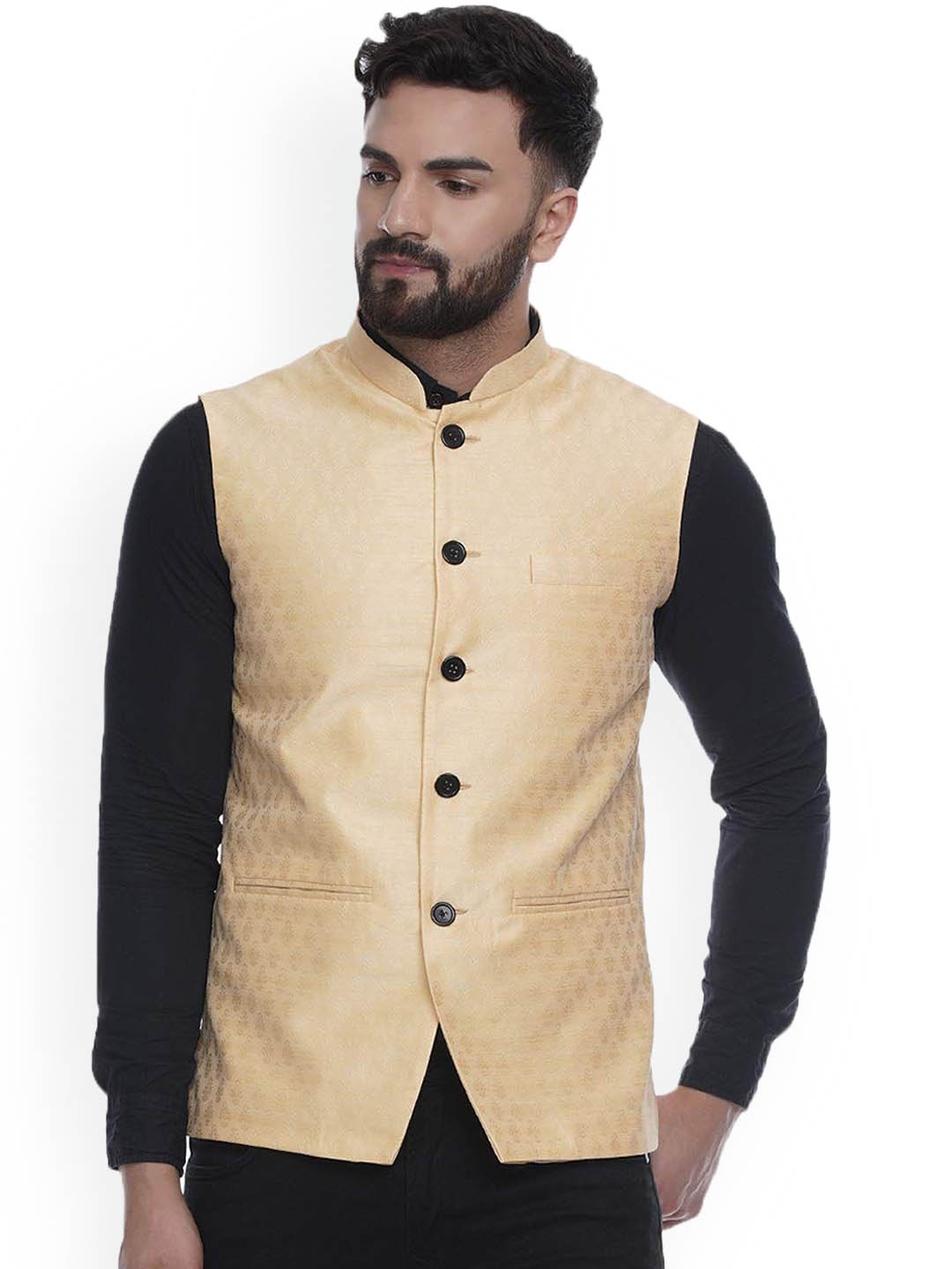 

VEERA PARIDHAAN Jacquard Silk Printed Mandarin Collar Nehru Jacket, Yellow