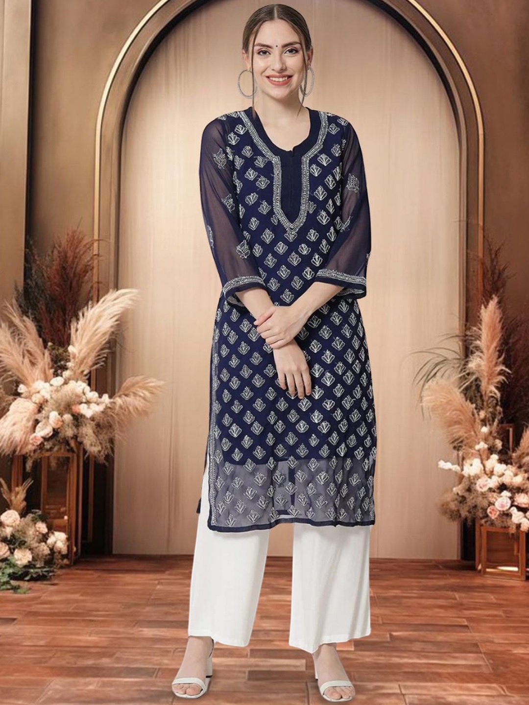 

PARAMOUNT CHIKAN Women Ethnic Motifs Embroidered Chikankari Floral Georgette Kurta, Navy blue