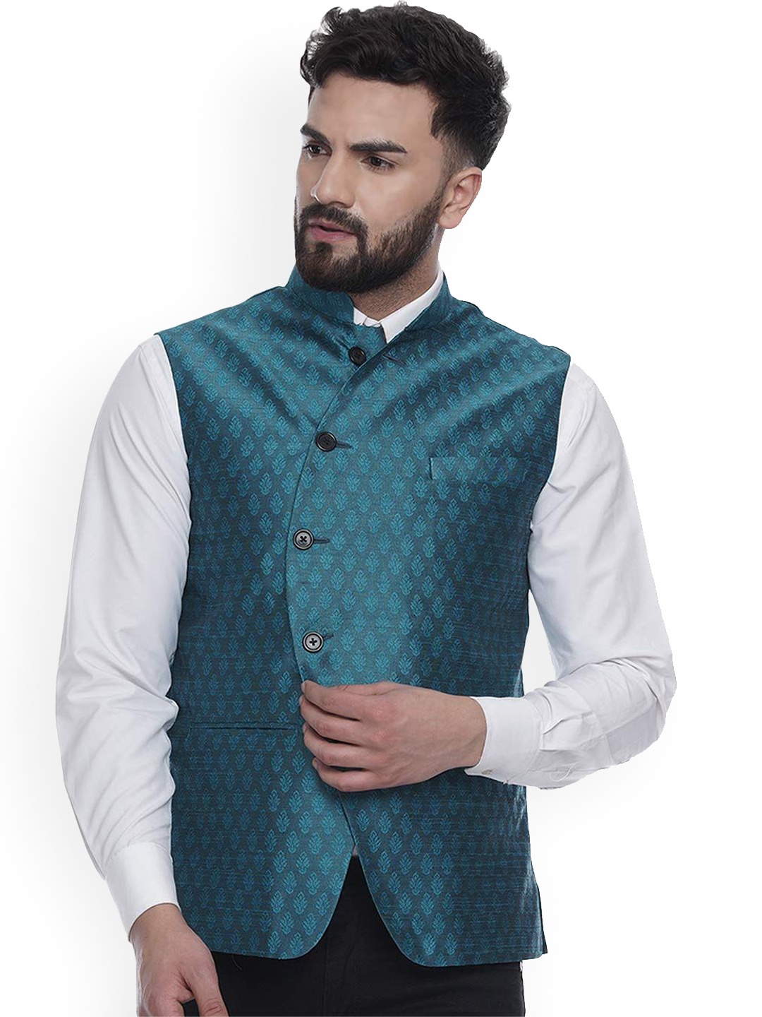 

VEERA PARIDHAAN Jacquard Silk Printed Mandarin Collar Nehru Jacket, Turquoise blue