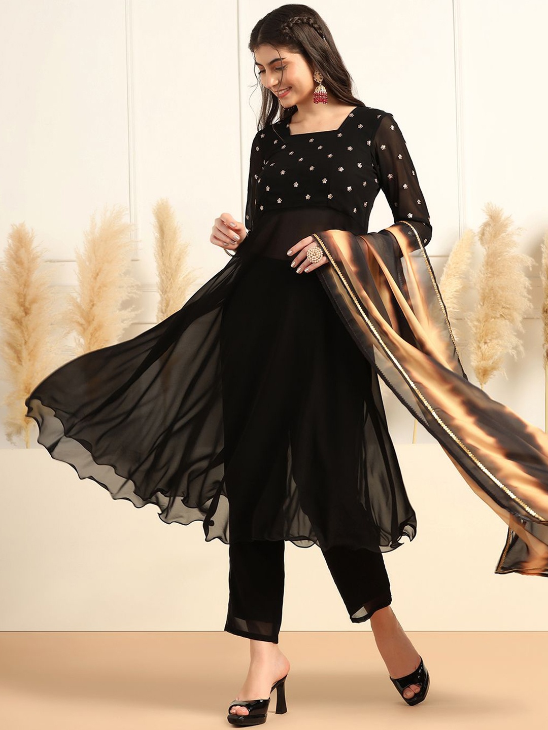 

Sangria Embroidered A-Line Calf Length Kurta & Trousers With Dupatta, Black