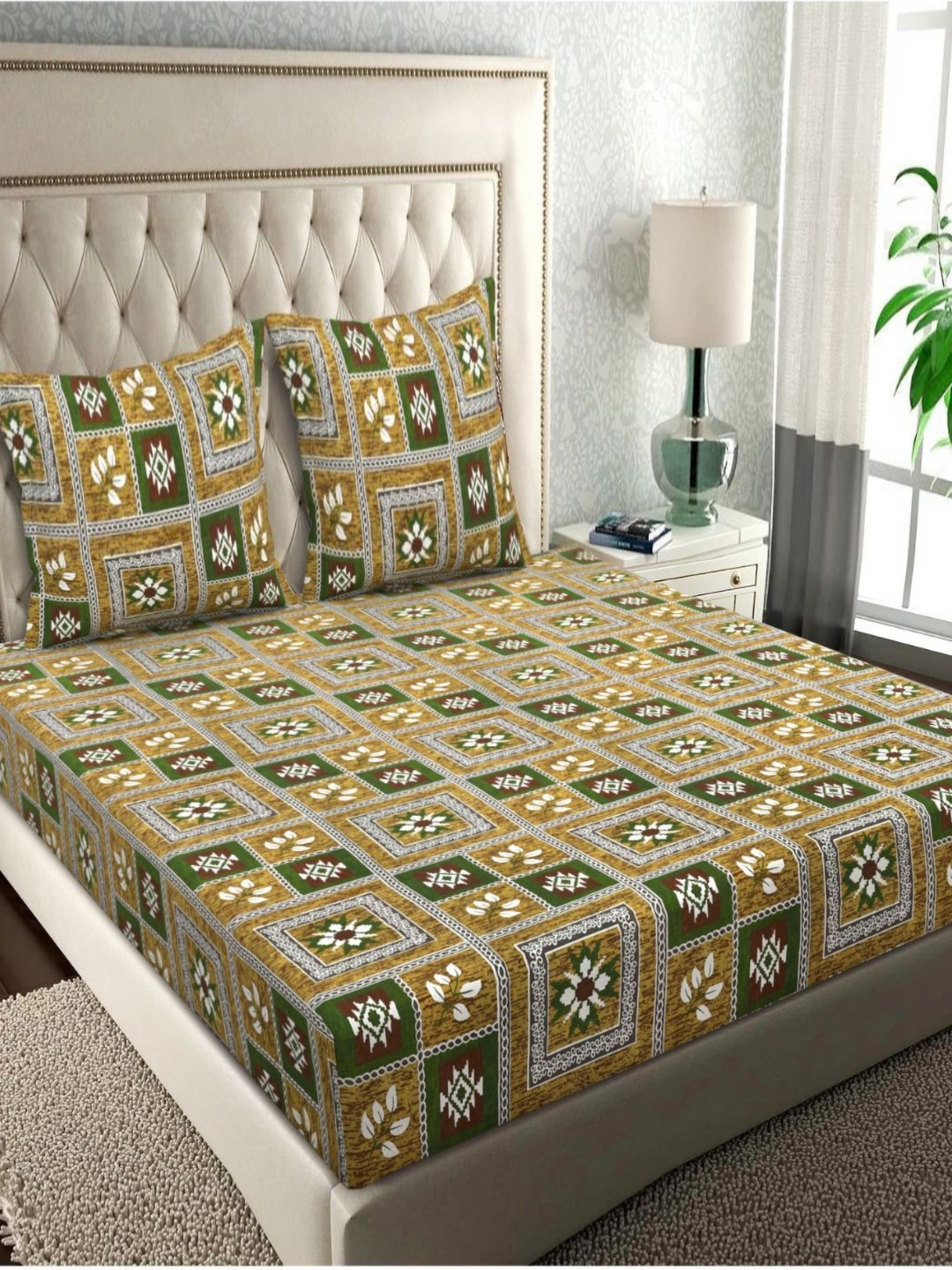 

bsb home Green & White 144 TC Queen Bedsheet with 2 Pillow Covers