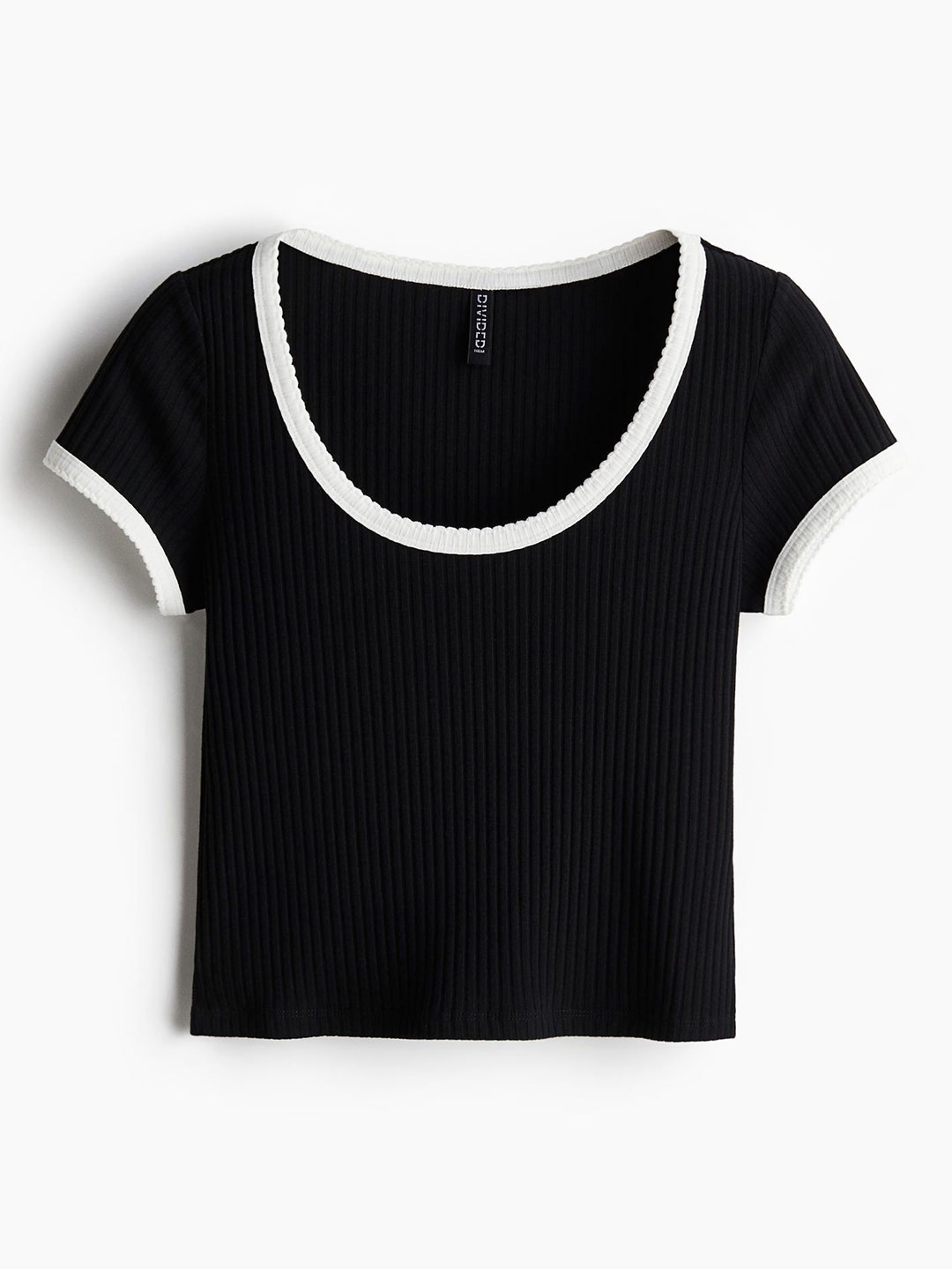 

H&M Picot-Trimmed Ribbed T-Shirt, Black