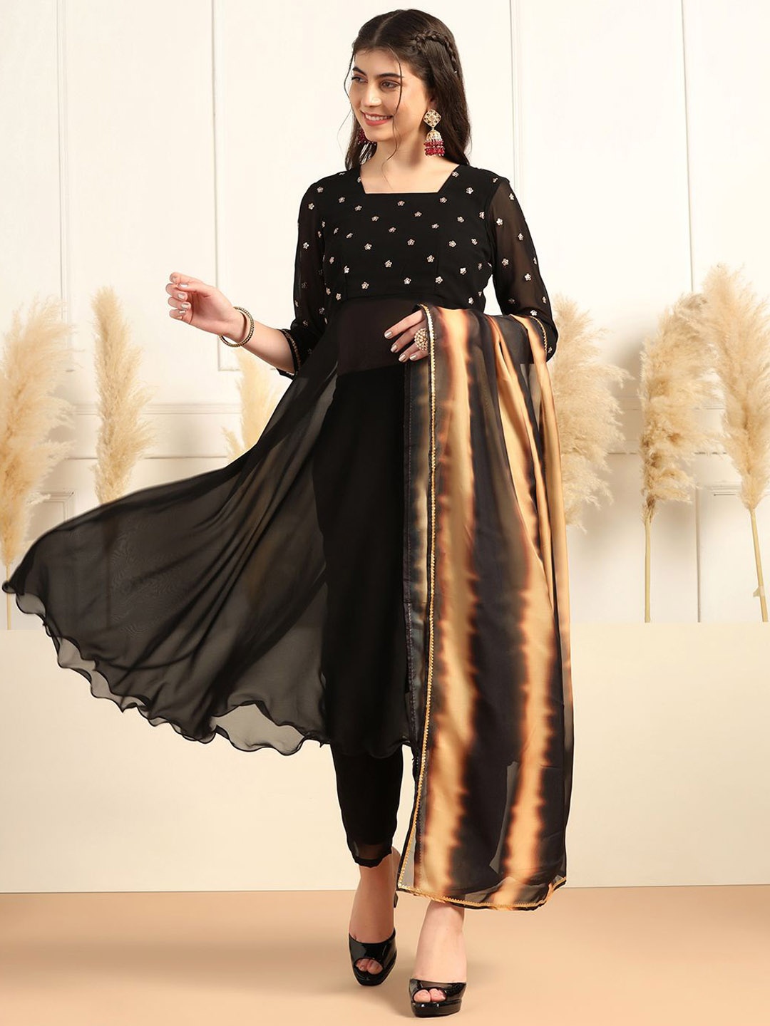 

Moda Rapido Women Embroidered Regular Kurta with Trousers & With Dupatta, Black