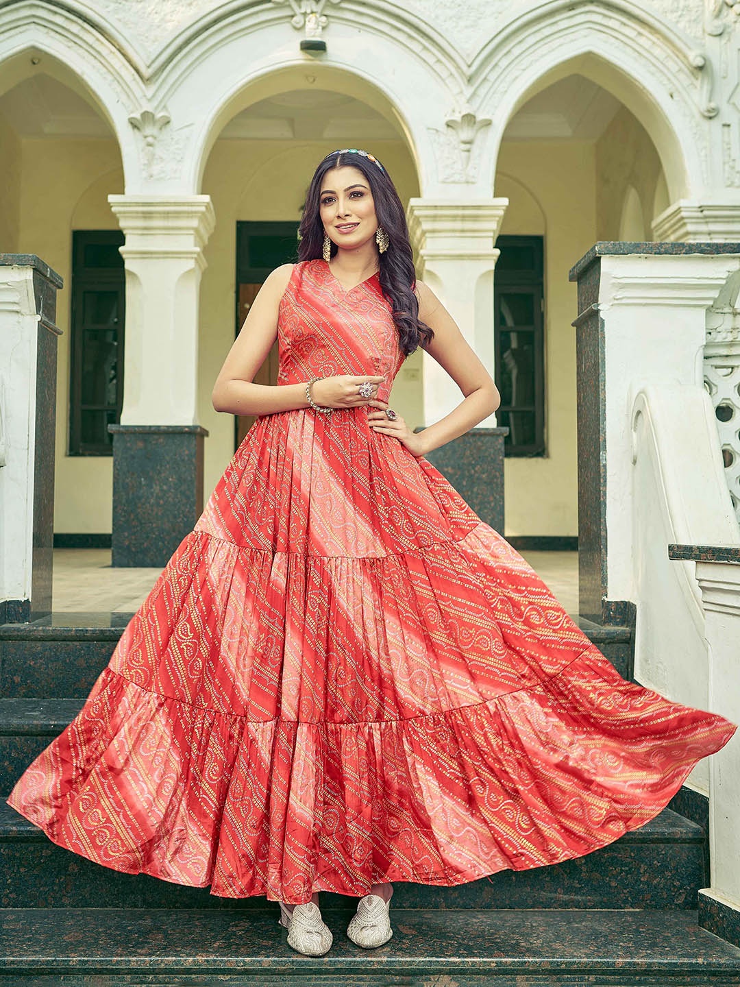 

Chandbaali Bandhani Printed Fit and Flare Maxi Dress, Red