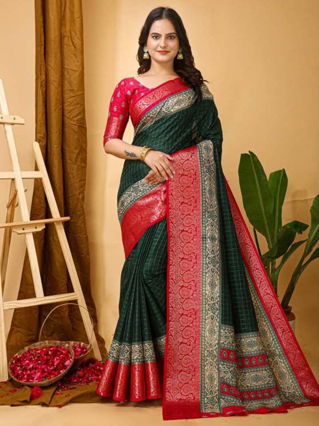 

HERE&NOW Checked Zari Silk Cotton Kanjeevaram Saree, Green