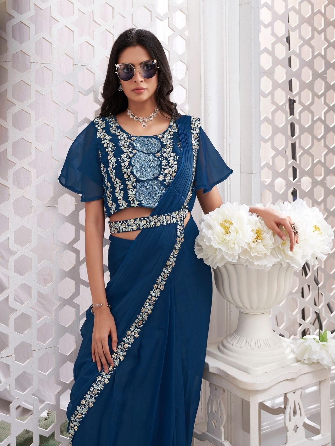 

Suha Embroidered Poly Georgette Ready to Wear Saree, Blue