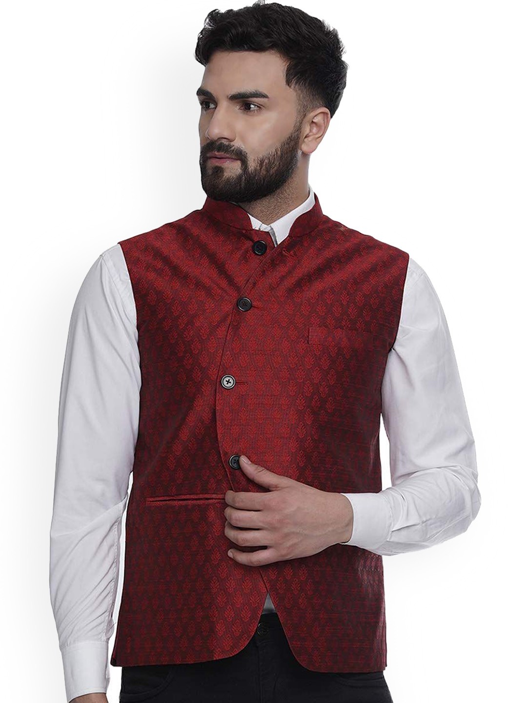 

VEERA PARIDHAAN Printed Jacquard Design Mandarin Collar Nehru Jackets, Maroon
