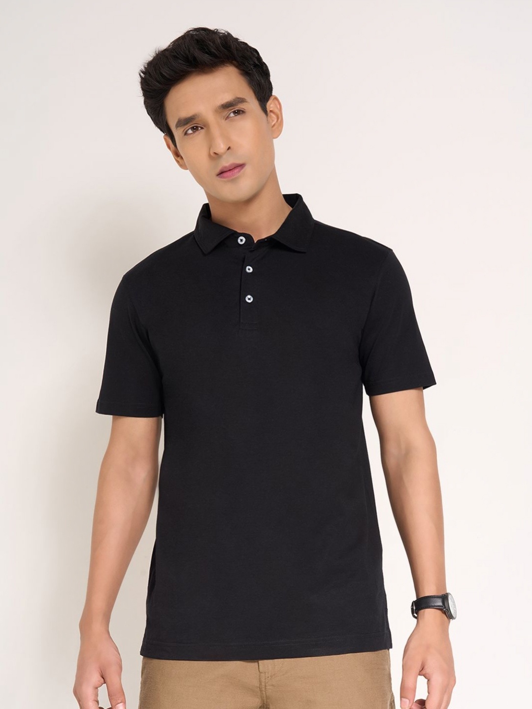

Peregrine by Pantaloons Men Polo Collar Monochrome Applique Slim Fit T-shirt, Black