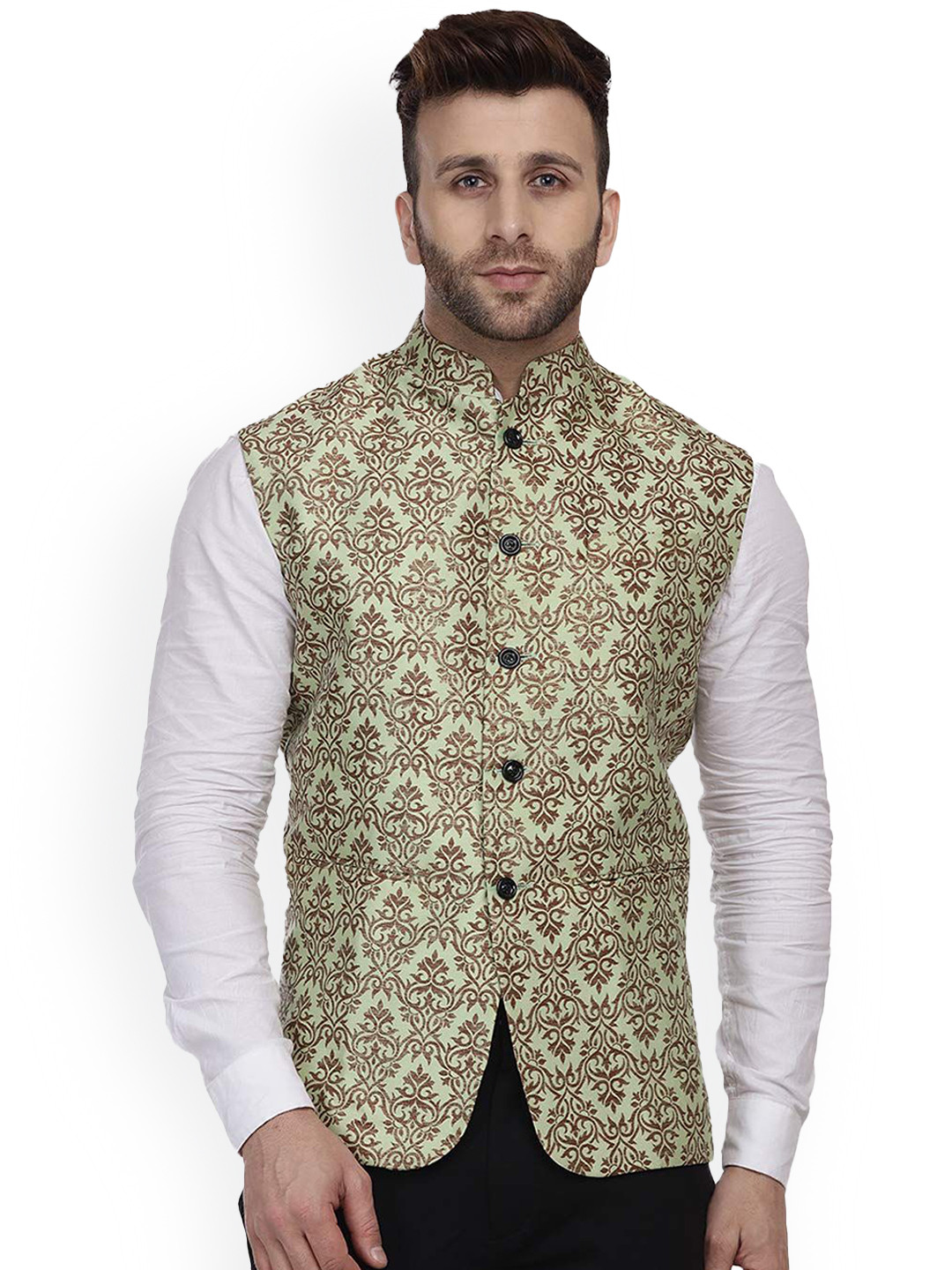 

VEERA PARIDHAAN Banarasi Jacquard Printed Mandarin Collar Nehru Jacket, Green