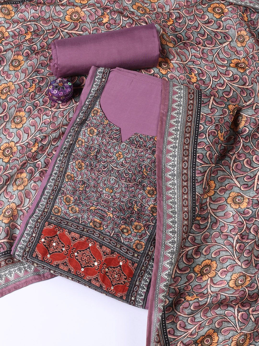 

Meena Bazaar Printed Art Silk Unstitched Dress Material, Mauve