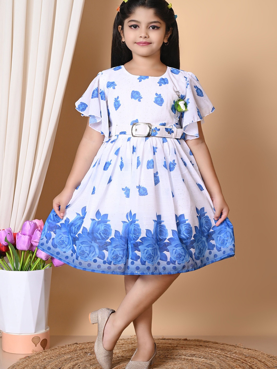 

BARKAT DESIGNING PLANET Floral Flutter Sleeve Chiffon Blouson Dress, Blue