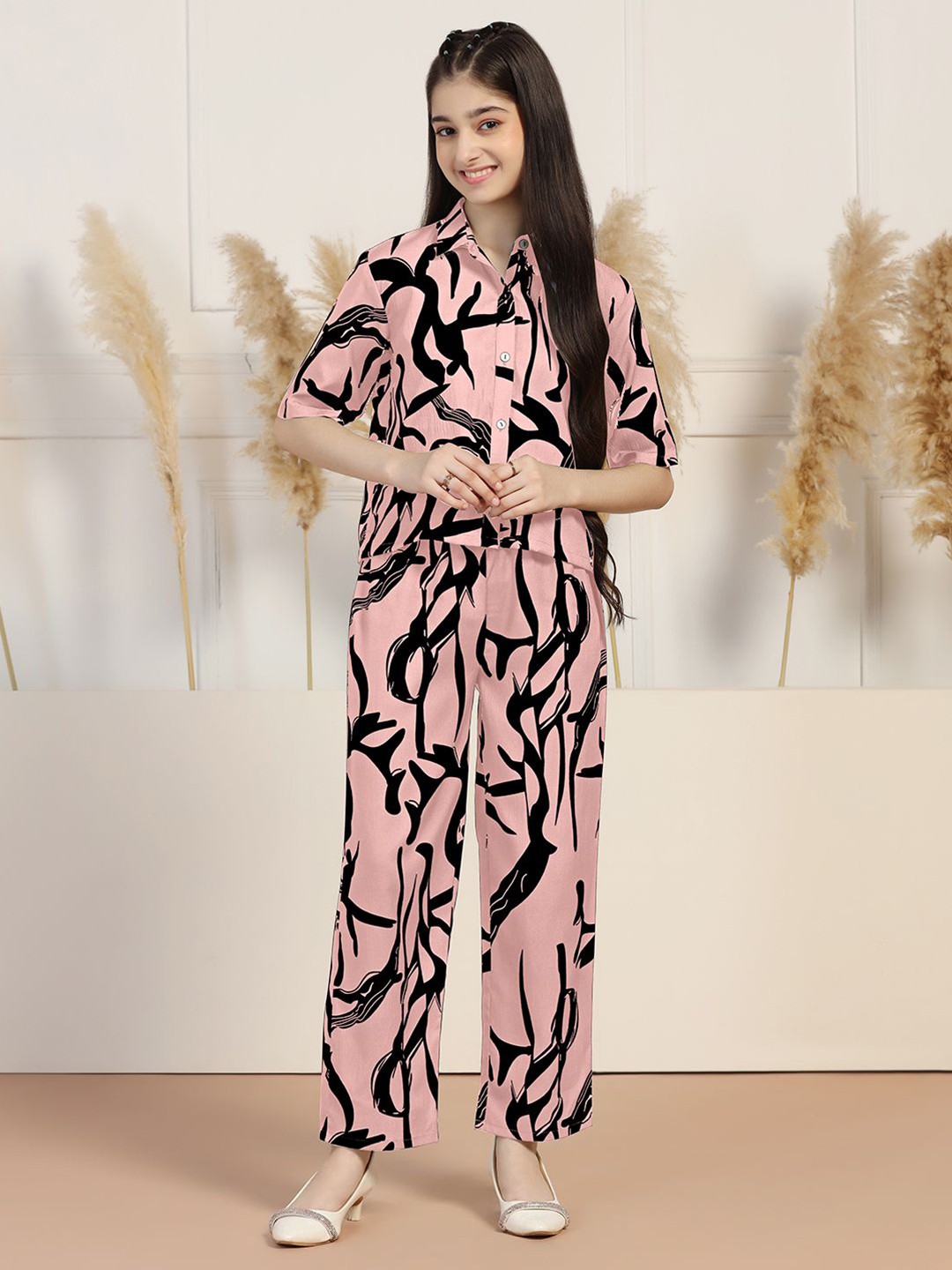 

YK Girls Printed Top with Trousers, Peach
