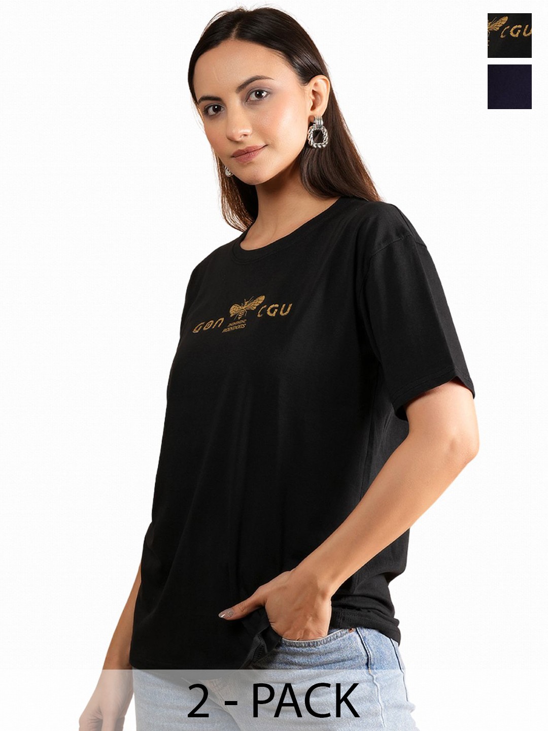 

Belfry Women Pack of 2 Typography Printed Round Neck Cotton T-shirts, Black